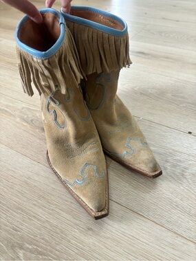 Fringe Genuine Suede Western Ankle Cowgirl Boots Tan with Blue Trim